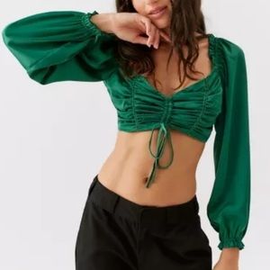 NWT Urban Outfitters green satin crop top with long sleeves